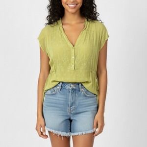 Johnny Was Embroidered Blouse Top Lime Green Cupra Rayon Size XS